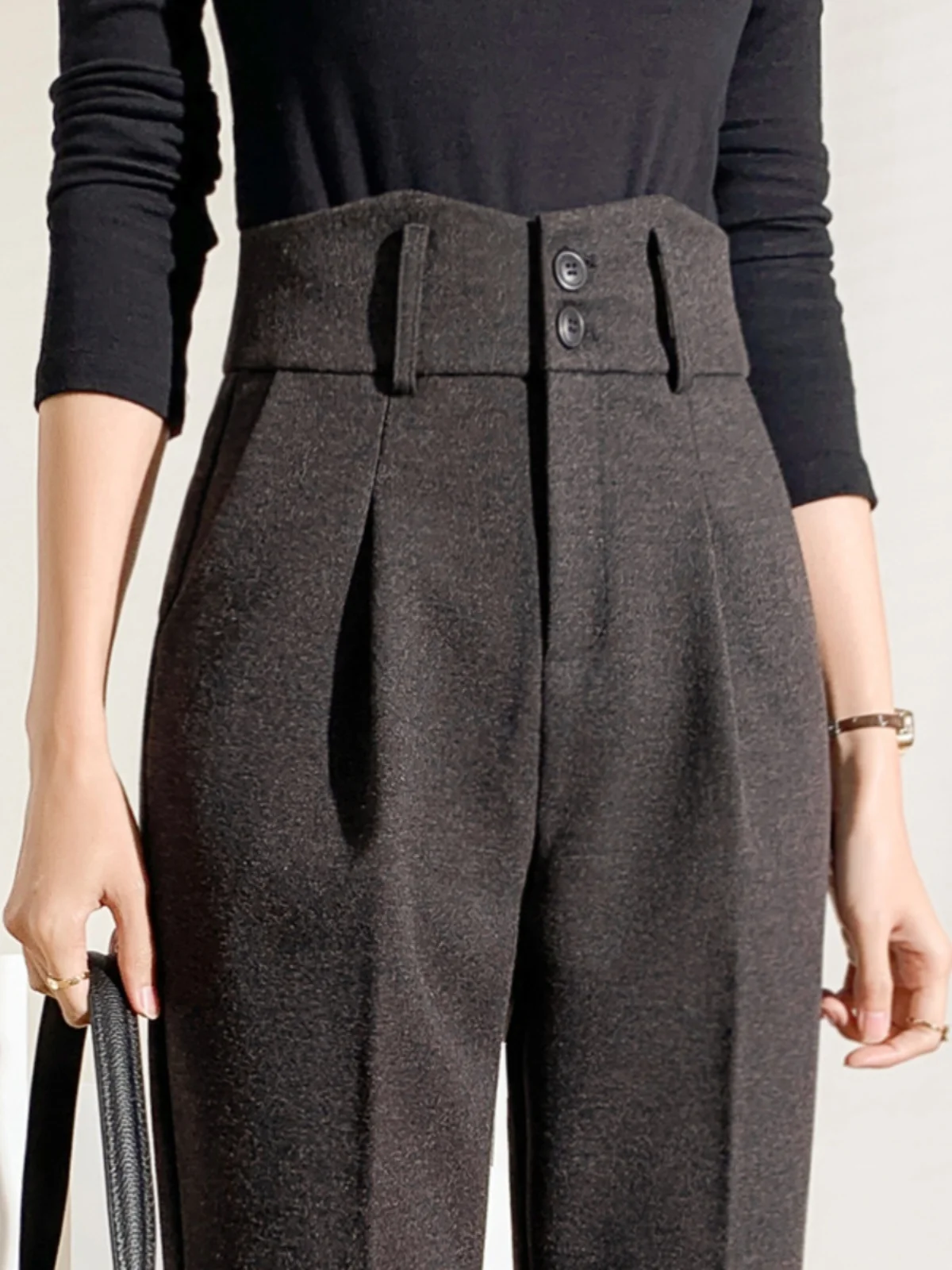 

Зимние женские широкие брюки-харланы с асимметричным высоким поясом, корейские повседневные шерстяные брюки прямого кроя