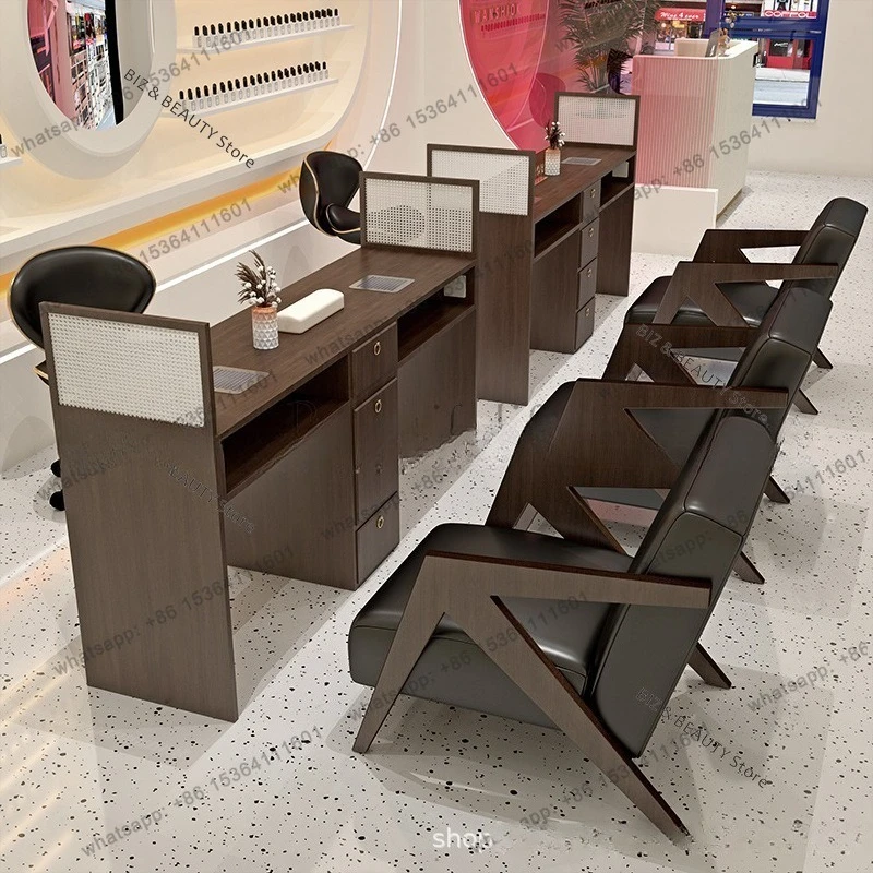 FG Multi-functional Double Nail Table Black Retro-style Chair Set with Vacuum Cleaner Nail Table Socket Wooden Furniture A Mesa