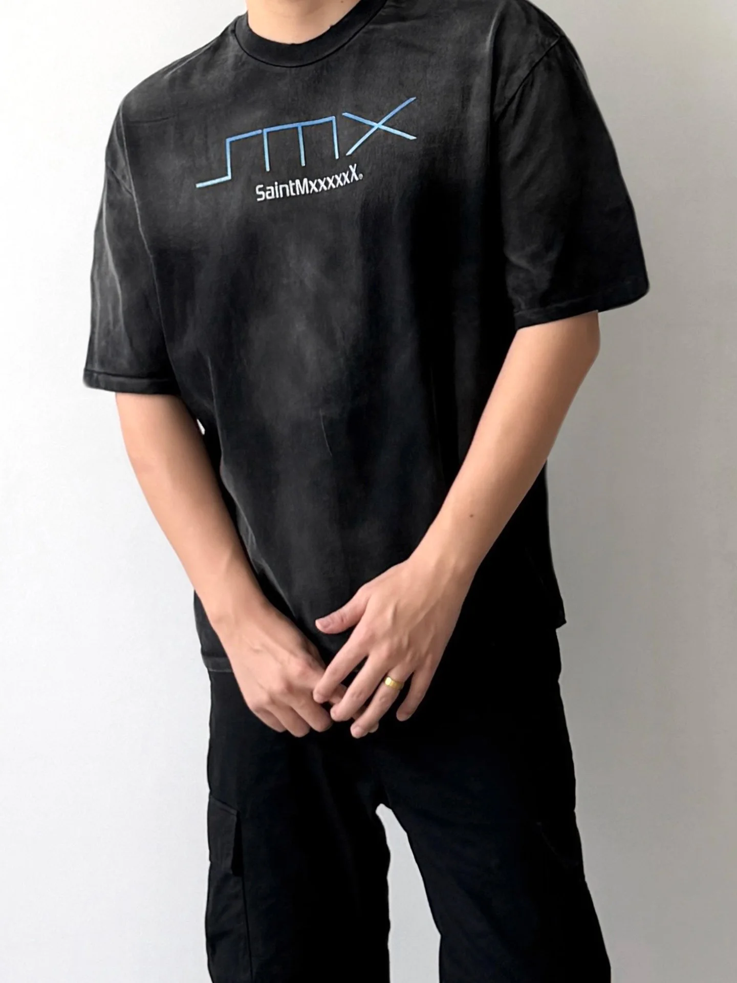 Street Style Men's T-Shirt Letter Print Worn-In Wash Loose Short Sleeve Cotton Breathable Casual round Neck Top for Summer