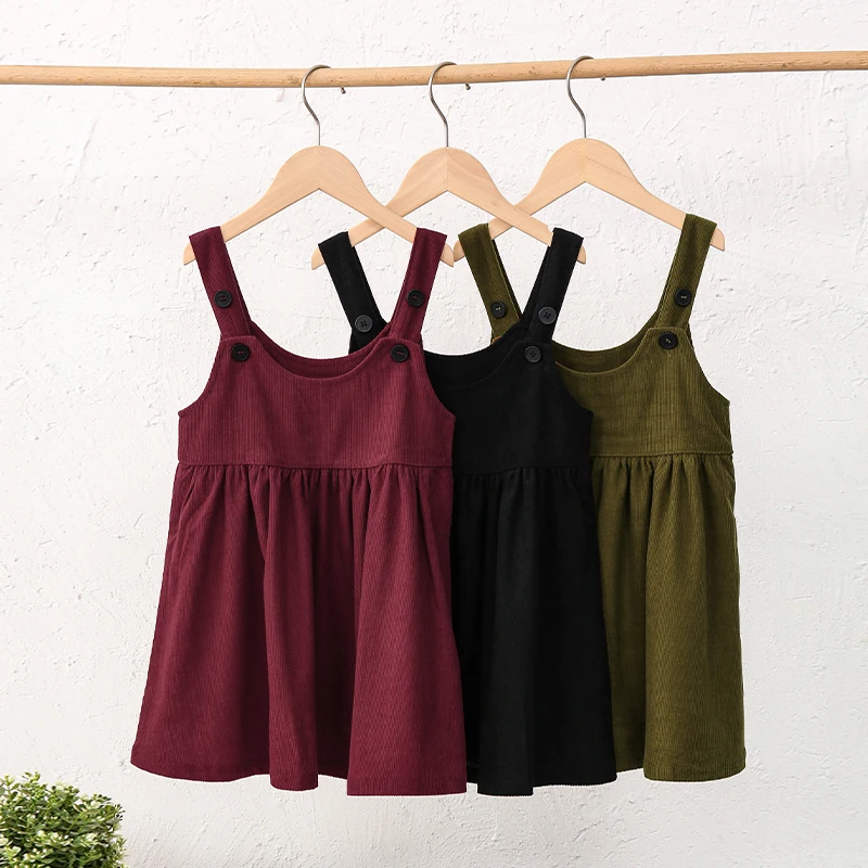 

Retro Corduroy Adjustable Straps Buttons Girls Dress Autumn New Sleeveless Casual Loose Sweet Baby Girl Princess Dresses