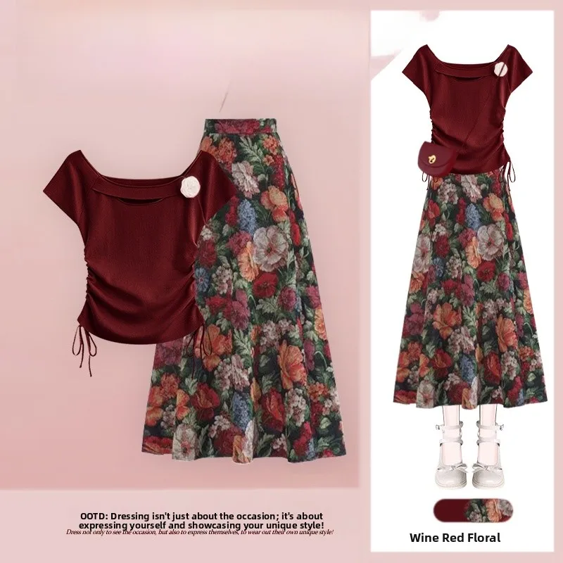 

Elegant Summer Outfit Women's Retro Hong Kong Style High Waist Floral Halter Neck Crop Top And Skirt Two Piece Set Slimming