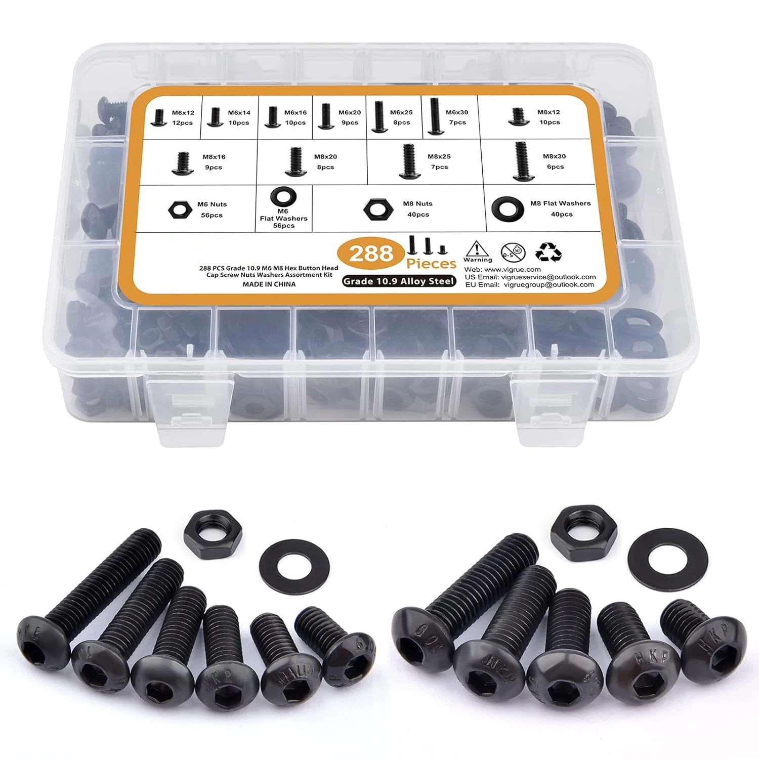 

288 PCS M6 M8 Button Head Hexagonal Screws, Nuts, Washers Combo Kit, 10.9 Grade Alloy Steel, Black Oxide Finish, Full Threaded