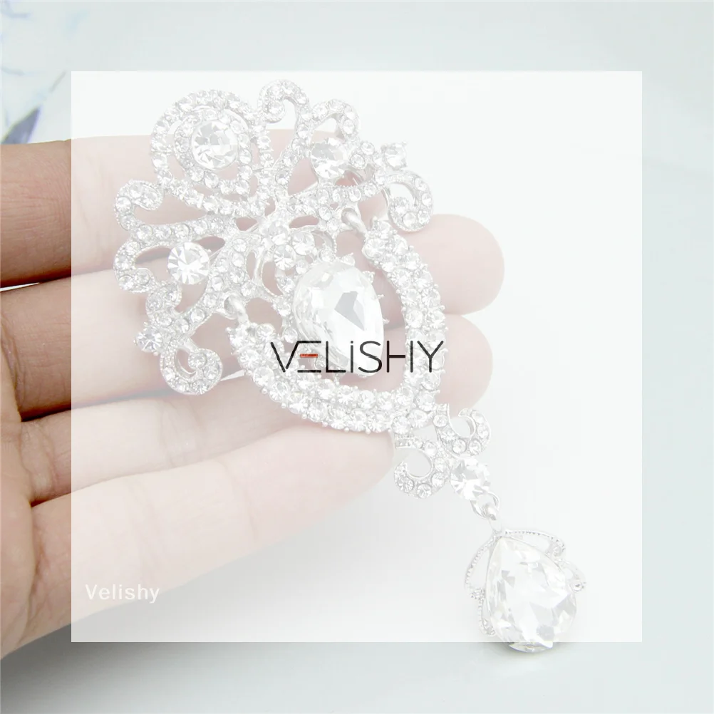 Silver Large Flower Bridal Brooch Rhinestone Crystal Diamante Wedding Broach Pin