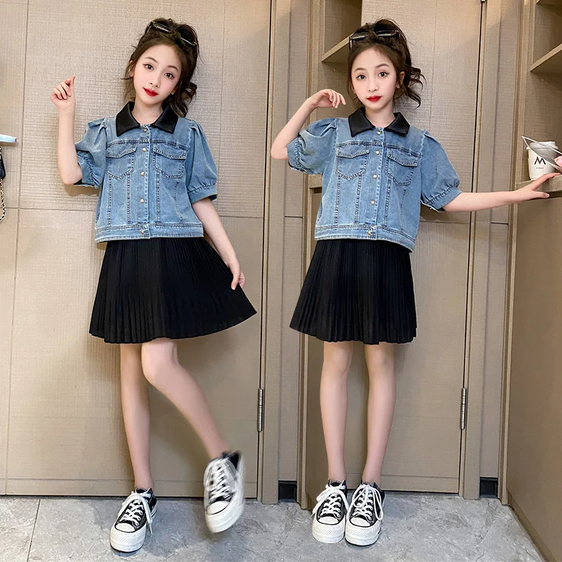 

summer teen girls skirt clothes set ensembles fille enfant Short denim top+pleated skirt 2pcs 4-14 kids suit child outfit meisje