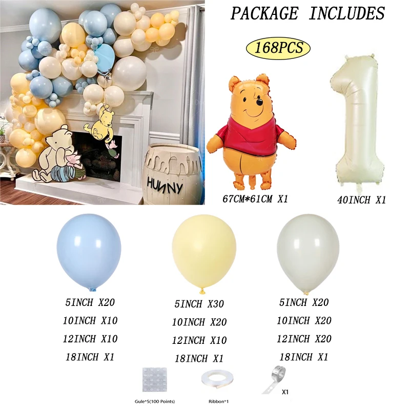 168 Uds. Globos de Winnie The Pooh de dibujos animados de Disney, arco de guirnalda, globo de aluminio con números de 40 pulgadas para cumpleaños, boda, fiesta reveladora de género