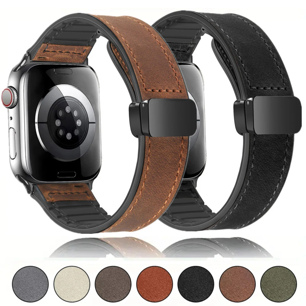 

Кожаный + силиконовый ремешок для Apple Watch Band 49 мм 45 41 44 мм 40 мм 46 мм 42 мм Магнитный браслет iwatch Series 11 10 9 SE3 Ultra 3 2