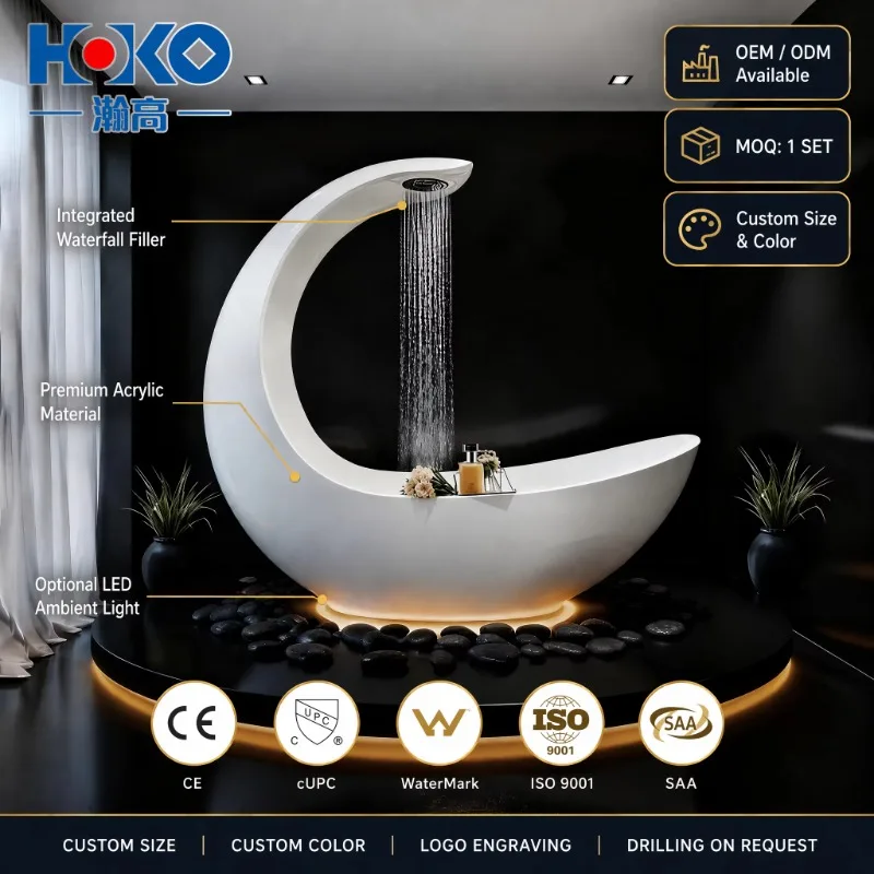 HOKO Luxury White Moon-shaped Acrylic Freestanding Soaker Tub Modern Drainer Easy Clean Surface for Soaking Villas Included