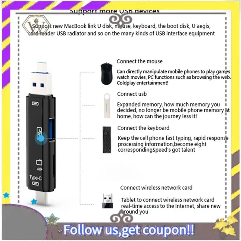New 5 In 1 USB 2.0 Type C/USB /Micro-USB/TF/SD Memory Card Reader OTG Card Reader Adapter Mobile Phone Accessories