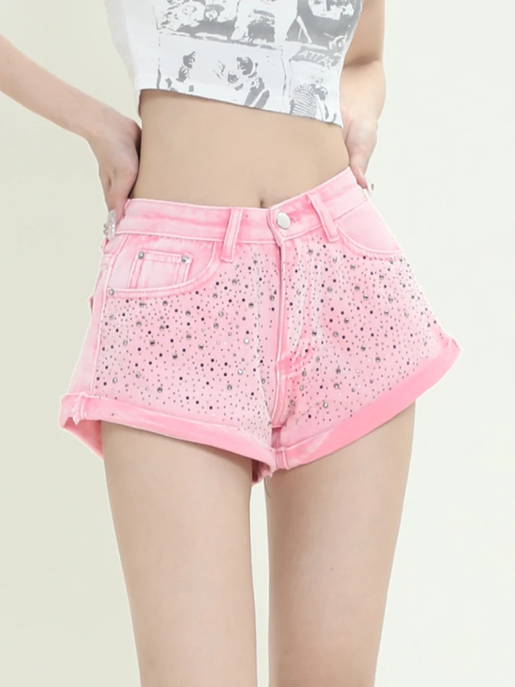 Vintage Beaded Low Waist Denim Shorts Summer New A-Line Rolled Pink Shorts Girl Y2K Streetwear Sexy Pole Dancing Shorts Clothing