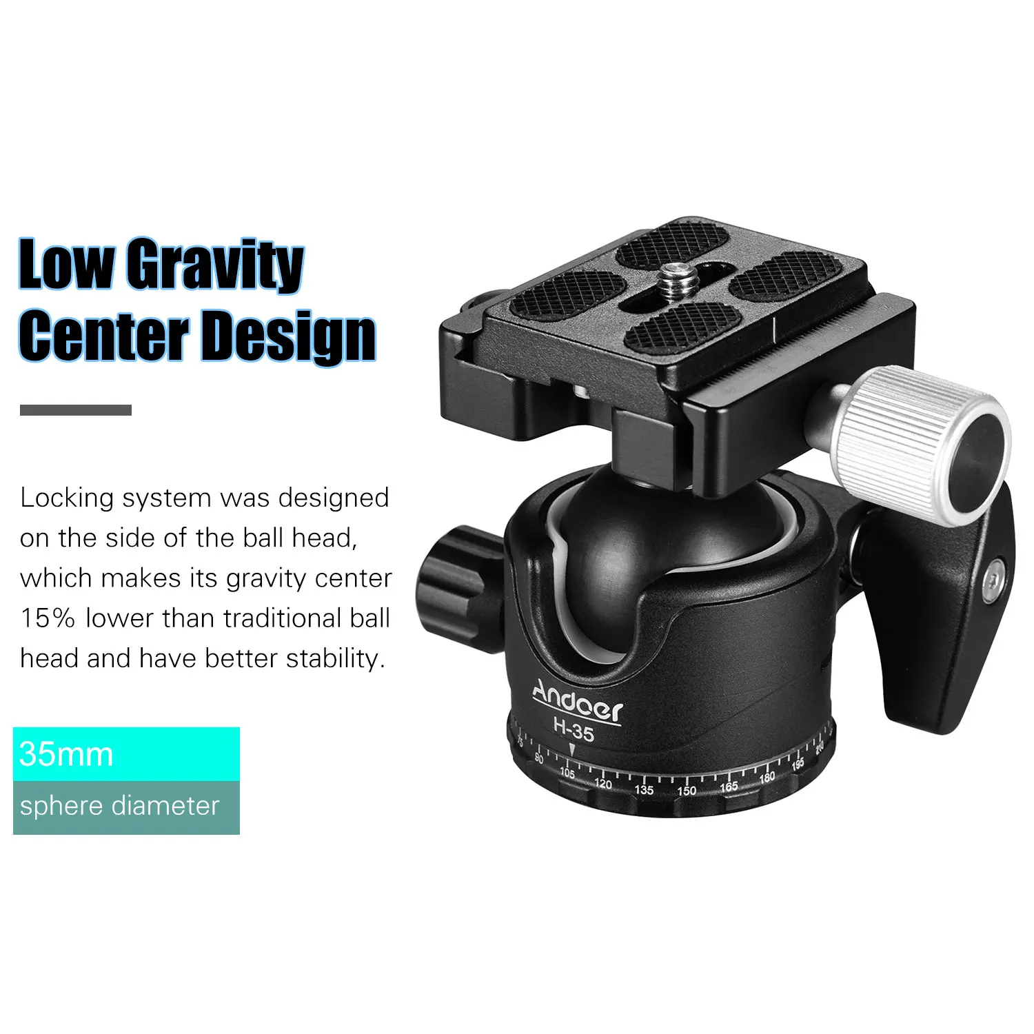 Andoer H-35 Tripod Ball Head Panorama Ballhead Mount Adapter U-Groove Low Gravity Center Design Max. 15kg/33lbs Load Capacity