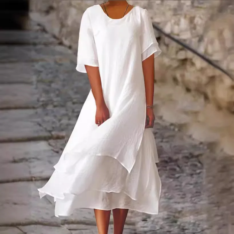 

2025 Fashion Casual Double Layer Split Short Sleeve Crew Neck Dress
