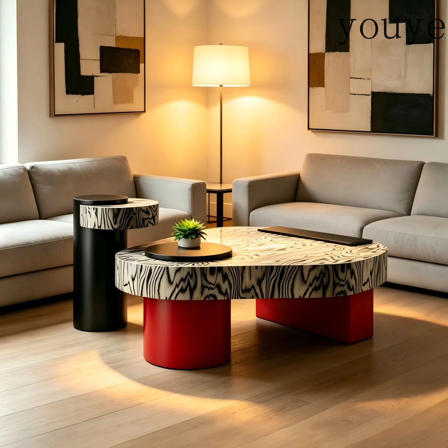 Italian minimalist special-shaped paint coffee table combination black and white tree pattern living room designer creative