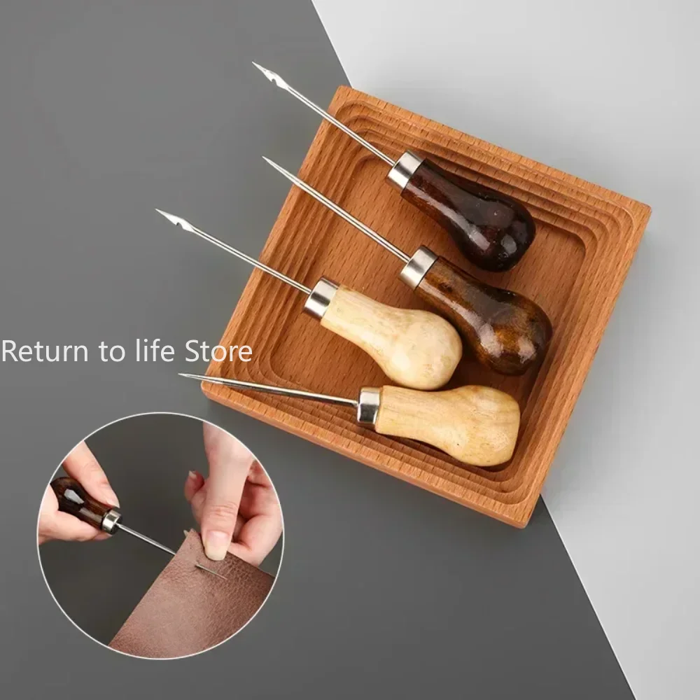 1pc Awl Pricker Hole Maker Cone Punch Sewing Stitching Leather Craft Shoemaking Tool Wooden Handle Drilling with Hook Stabber