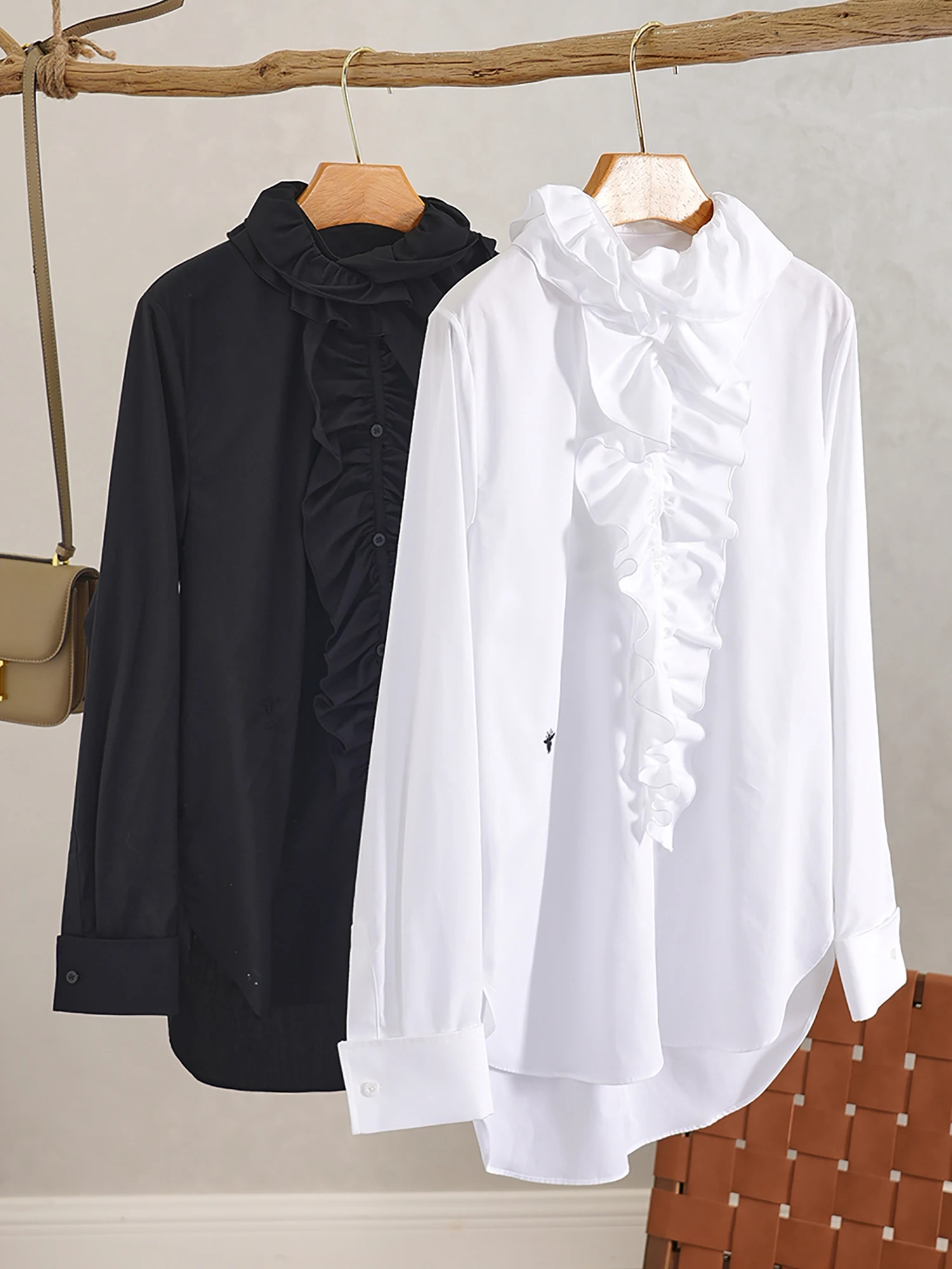 

YongLeap Summer New Classic Bee Embroidery Detachable Lace Decoration Loose Long Sve White irt Women's Ele Sle Pur...