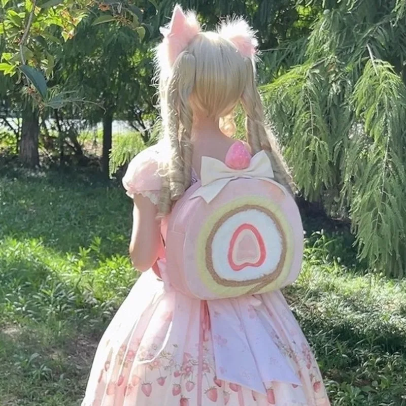 Mochila Lolita de pastel rosa para niñas, bolsa Circular Kawaii de felpa, bolsas de Cosplay de Anime japonés, mochila informal para mujeres