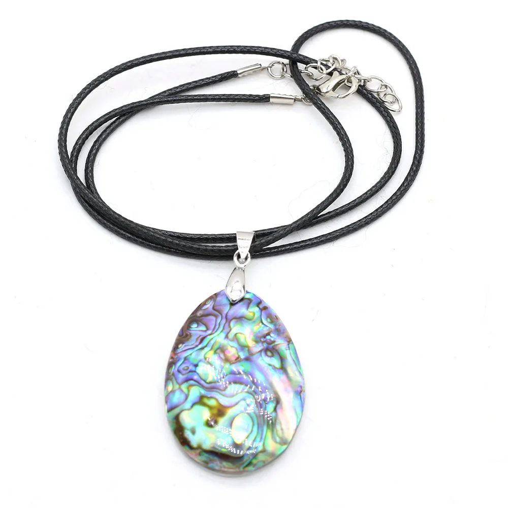 One-sided Natural Abalone Shell Drop Shape 28x40mm Pendant 50cm Men Leather String Shell Necklace for Women Charm Chakra Jewelry