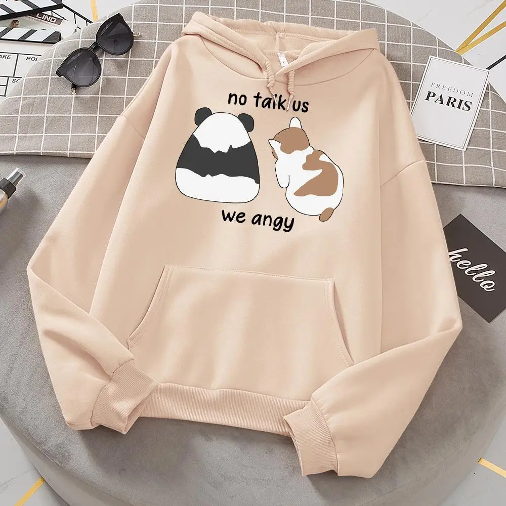 

No Talk Us We Angy Cute Panda And Cat Women Hoodie Oversize Fleece Hoody Simple Crewneck Sweatshirt Autumn Casual Warm Clothes