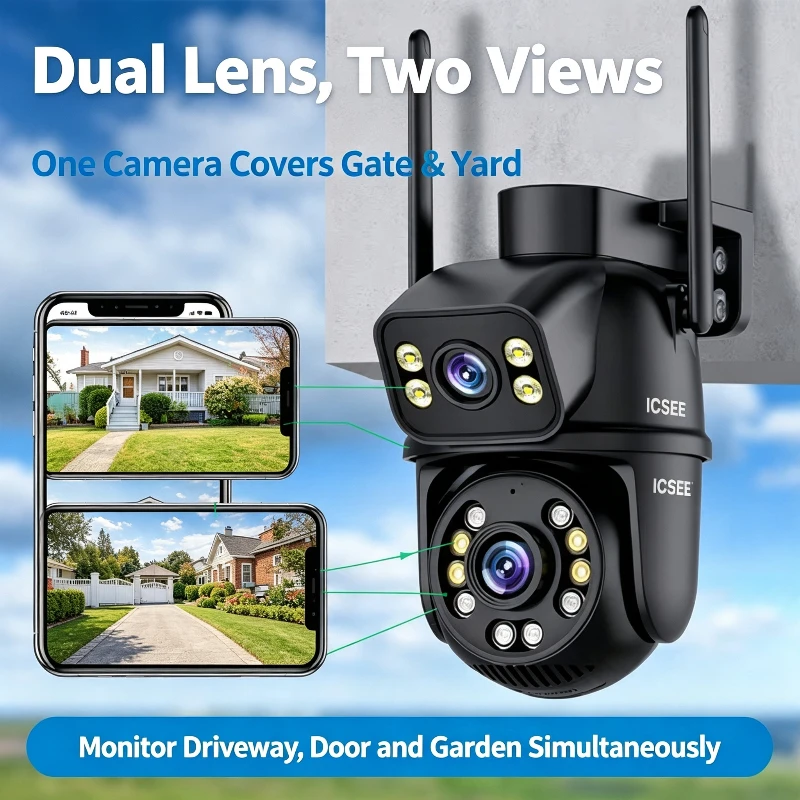 WiFi Security Camera Outdoor 4K PTZ IP Camera ICSEE APP Two Screen Live View Color Night Vision IP66 Waterproof Motion Alert