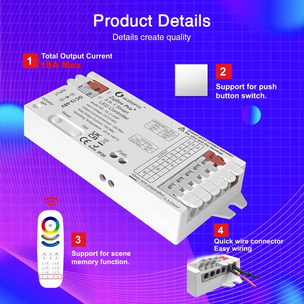 DC12V-48V ZigBee3.0 LED Controller Pro Plus 3 in 1 RGBCCT RGBW RGB 15A Max PWM Dimming LED Strip Tuya WIFI Controller GLEDOPTO