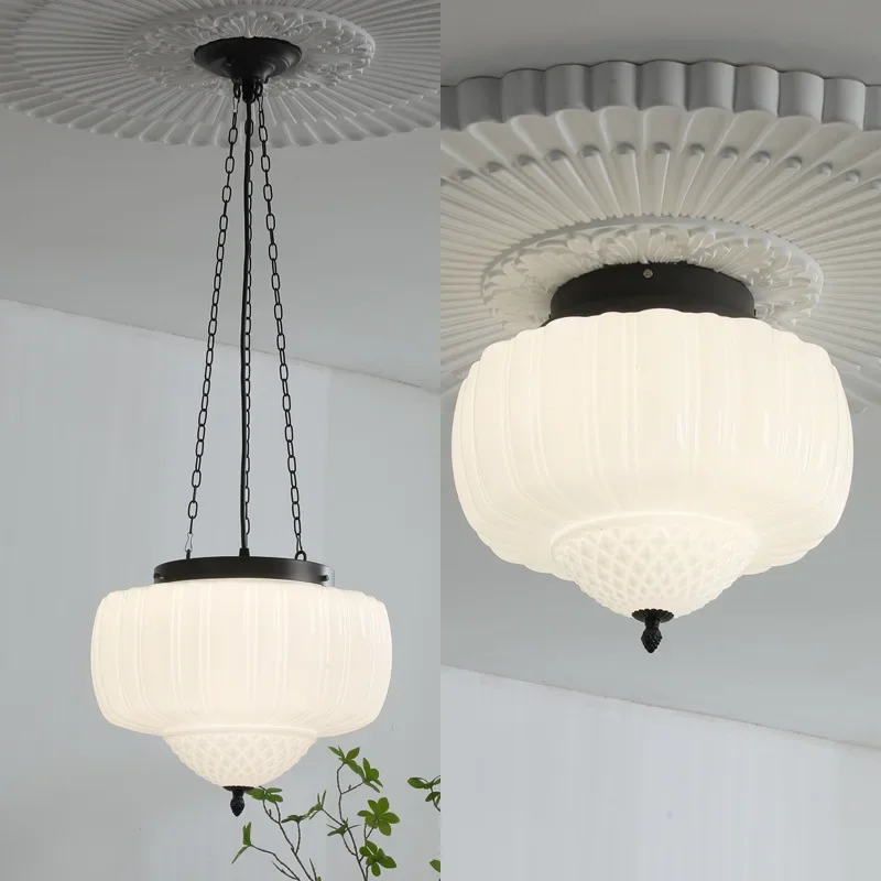 

SANDYHA French Retro Bedroom Ceiling Chandelier Cream Style Pendent Lights Glass Lampshade LED Lamp Living Room Home Decoration