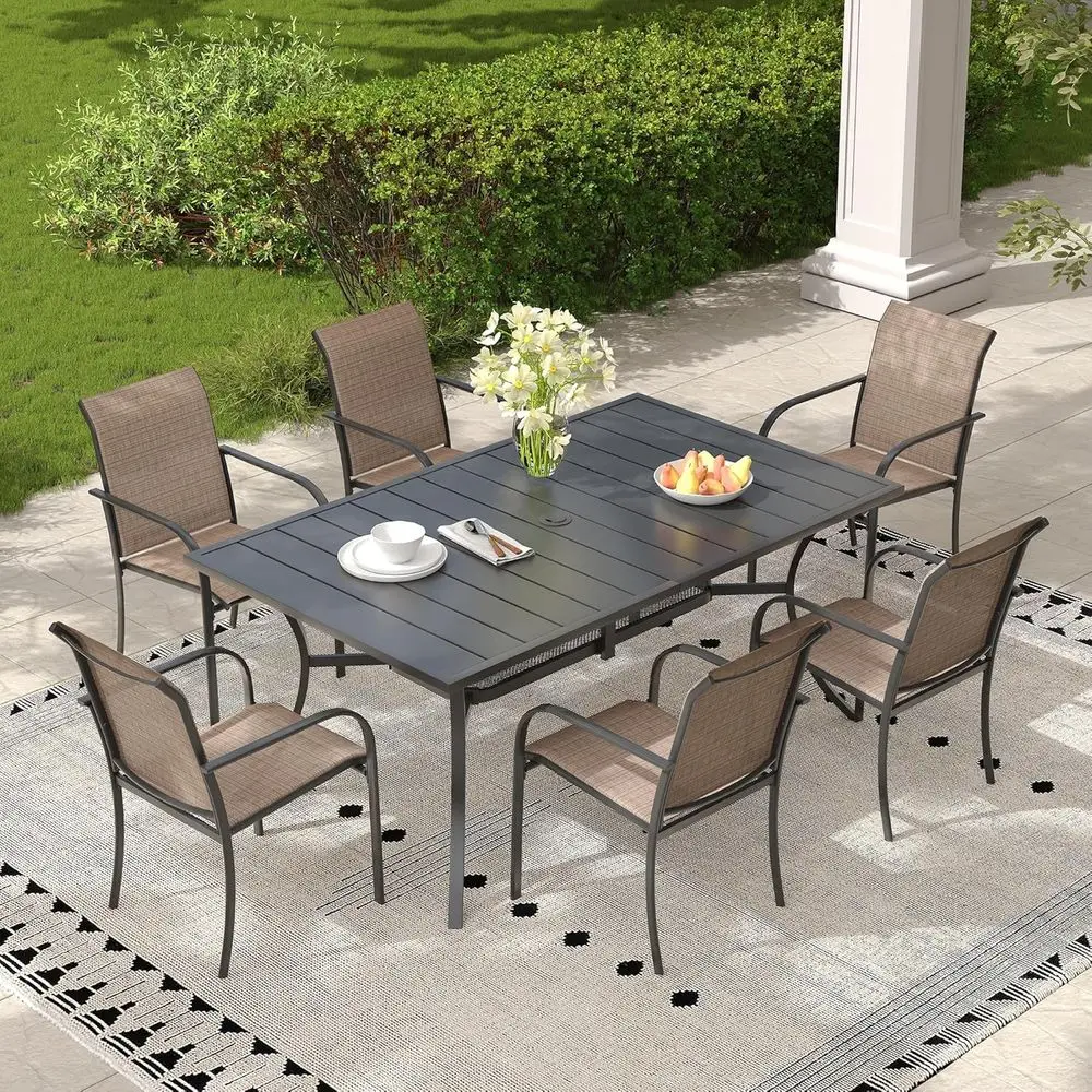 7 Pieces Outdoor Dining Set, Stackable Textilene Paito Chairs & 59.2" RecDining Table with Umbrella Hole and Shel, Patio Dining