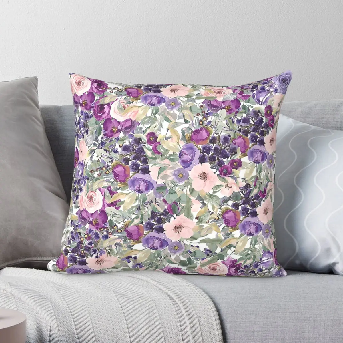 Pink Purple Floral Botanical Square Pillowcase Polyester Linen Velvet Creative Zip Decor Throw Pillow Case Car Cushion Cover