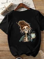 T-shirt 2000s Gothic Women's Casual Graphic Skeleton Coffee Art Print Short Sleeve T Shirt Clothing Top Tee