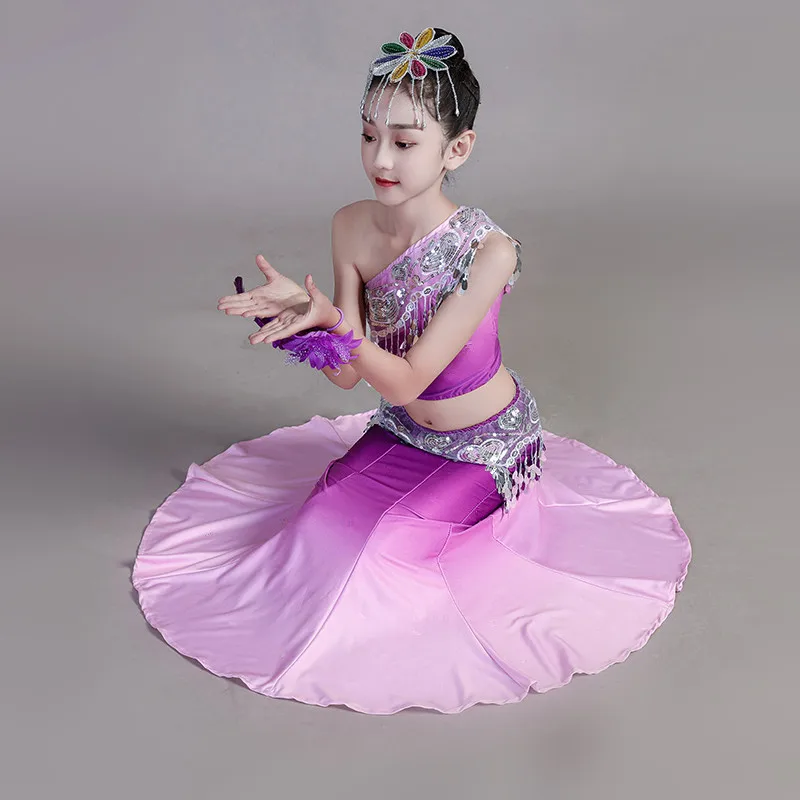Children's Dai Dance Costume Elastic Peacock Dance Performance Costume Fishtail Skirt Minority Folk Dance Nationality Dress