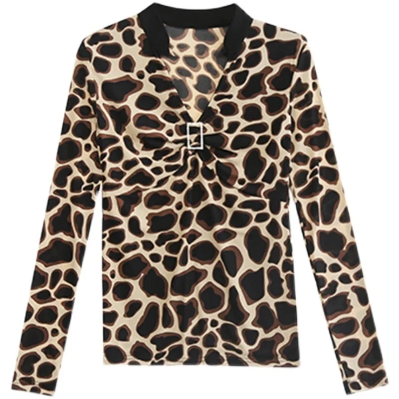 #7974 Sexy Leopard Print T Shirt Women Stand Collar Mesh Long Sleeve T Shirt Women Casual Vintage Skinny Women\'s T-shirt Autumn