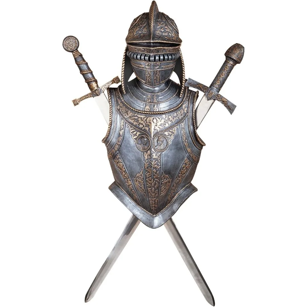 Toscano Nunsmere Hall 16th Century Battle Armor Medieval Wall Sculpture with Removable Display Swords, 32 Inch, Pewter