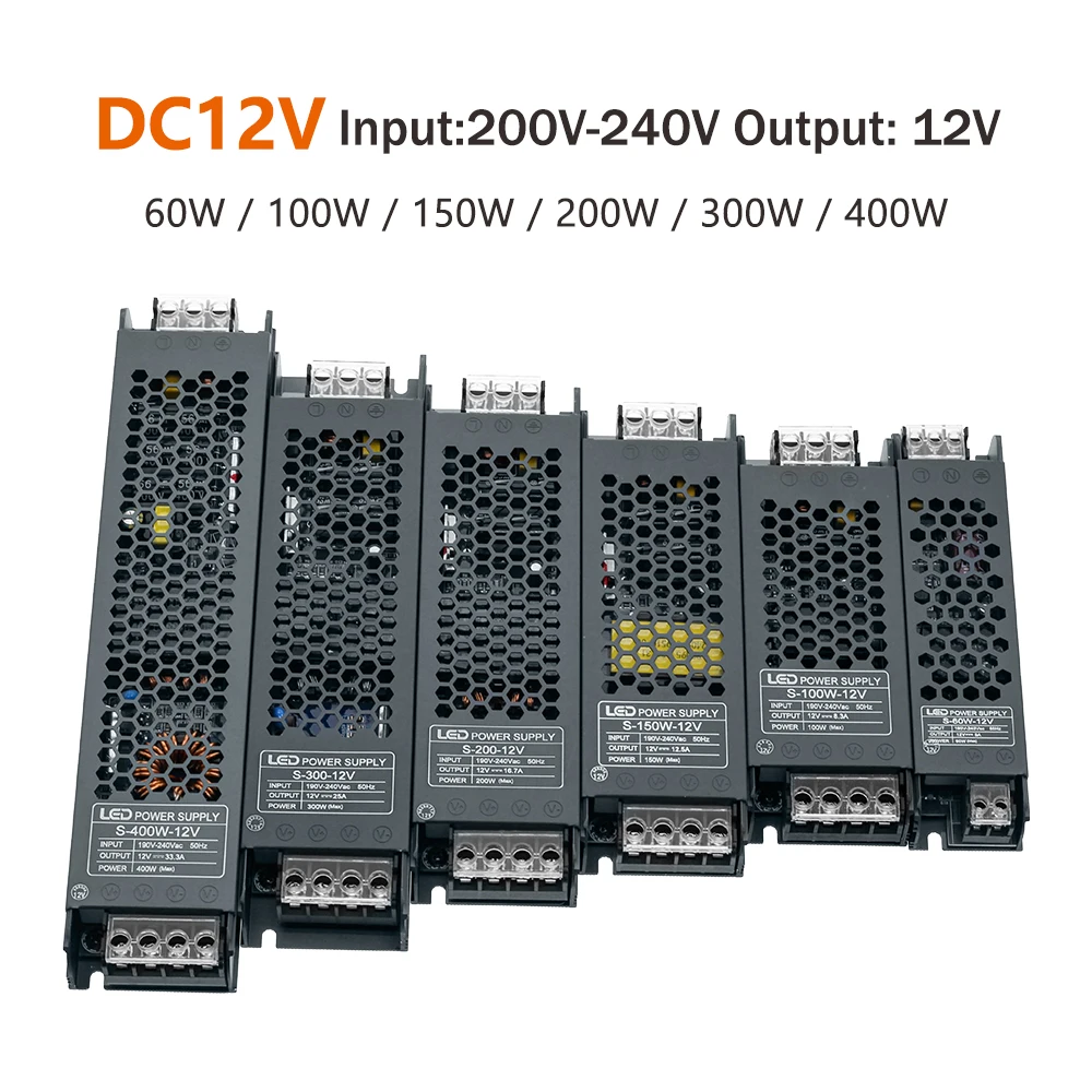 

DC 12V 24V LED Power Supply AC190-240V Mute Lighting Transformers 60W 100W 200W 300W 400W LED Light Driver Power Adapter