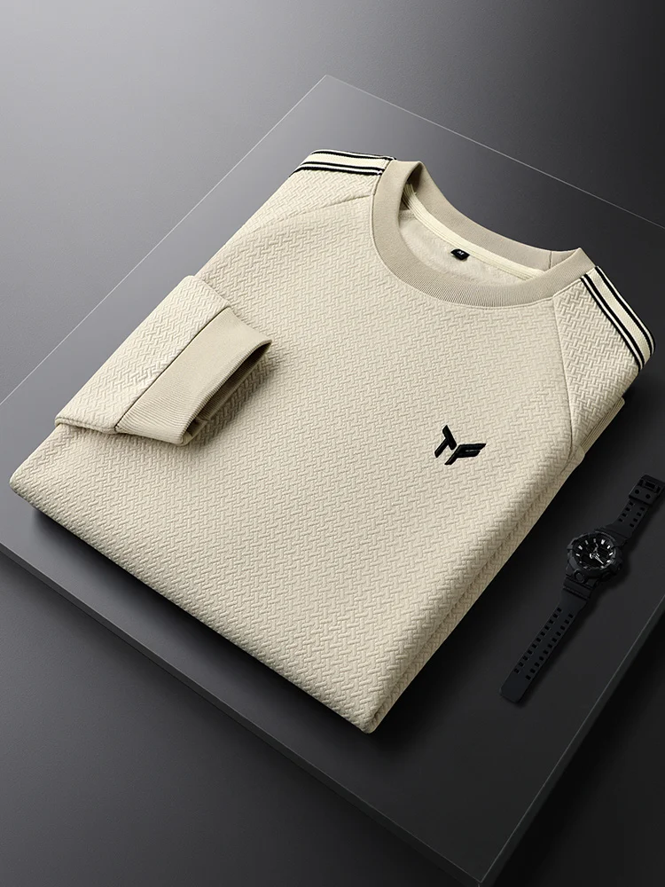 

Мужской свитшот цвета хаки с круглым вырезом, вязаный, в стиле пэчворк, приталенный, с боковыми полосками, для осеннего сезона