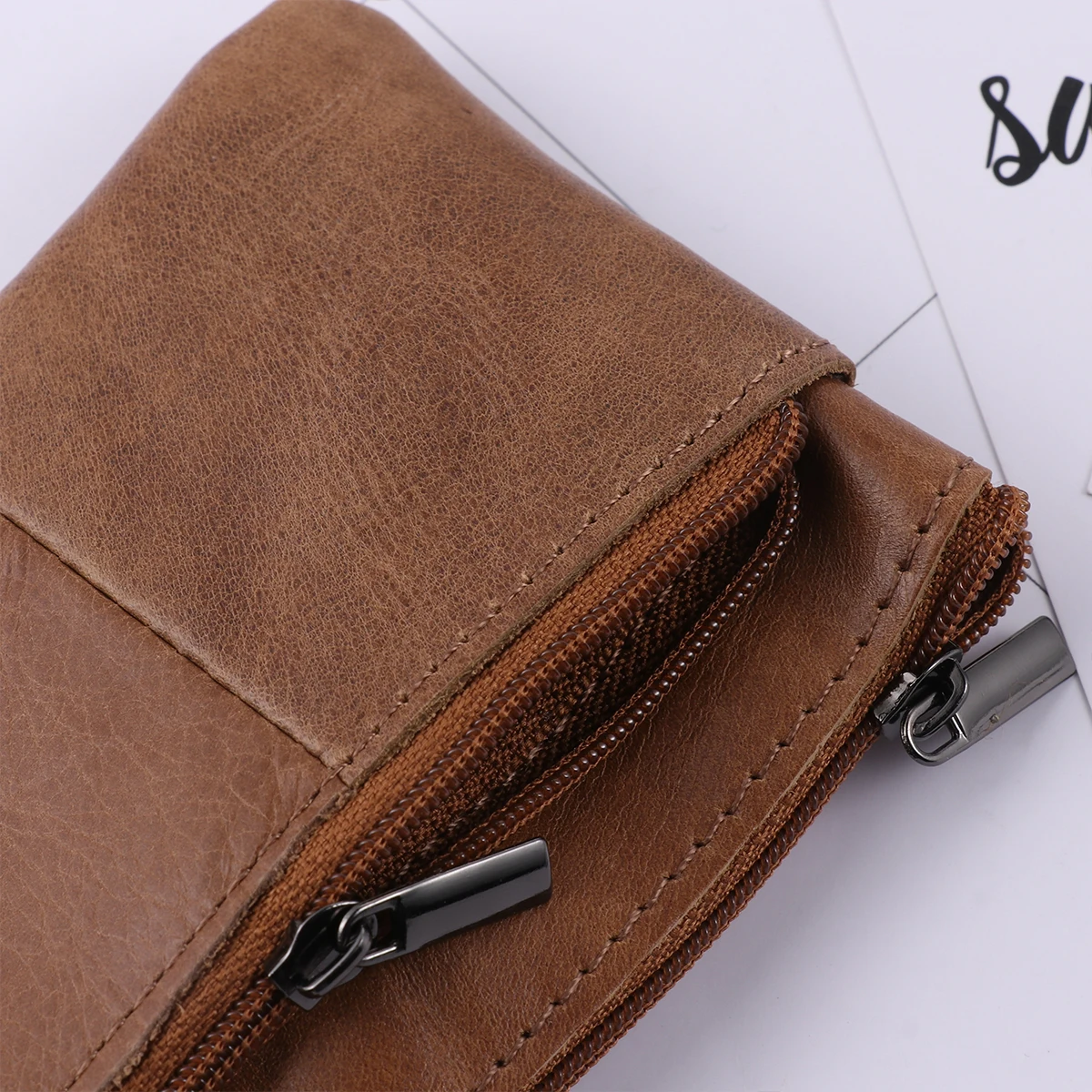 

Wallet Driver License Zipper Purse Pocket Mini Credit Holder Foldable Money ganizer Brown Waxed Cowhide