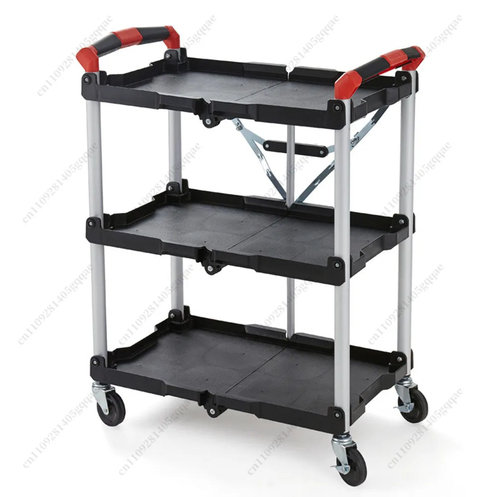 Multifunctional Three-layer Foldable Plastic Service Trolley with Wheels for Storage and Organization