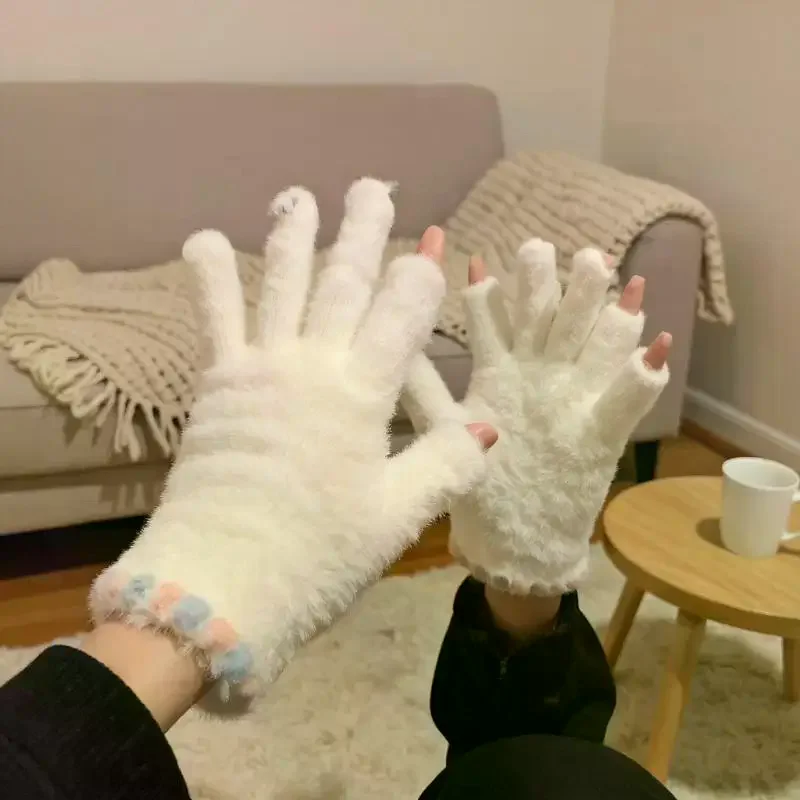 Cute Open Finger Touch Screen Plush Five Finger Gloves For Women In Winter, Warm And Thick Velvet For Cycling Students