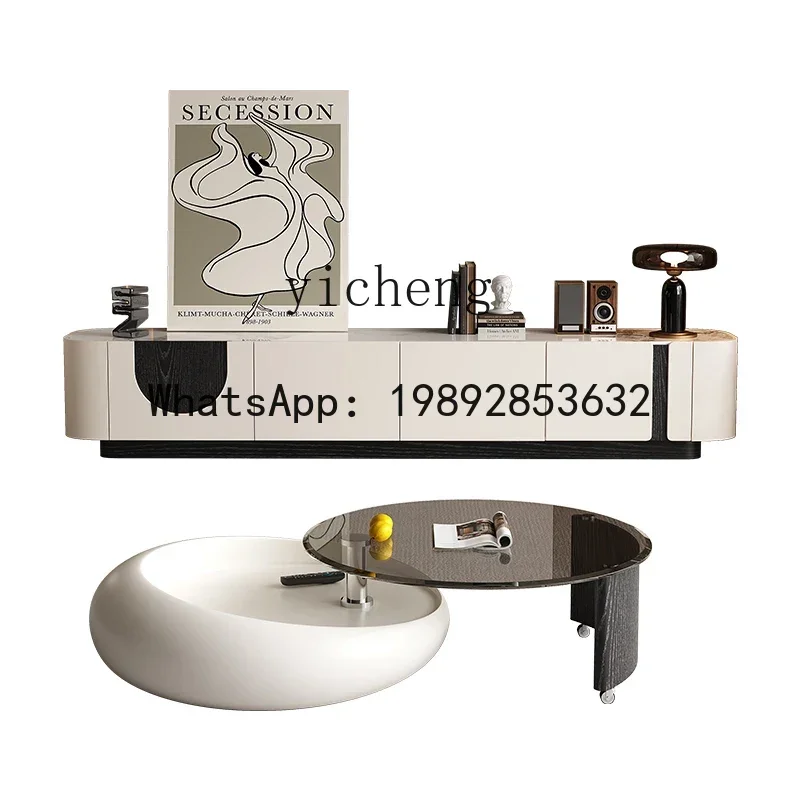 LYY Living Room Simple Modern New Round Coffee Table Floor Cabinet Tempered Glass Tea Table TV Cabinet Set