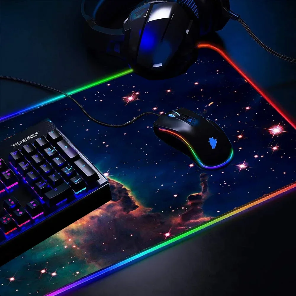 Imagem -03 - Grande Rgb Led Mouse Pad Grande Universo Mouse Mats Acessórios pc Gamer Galaxy Space Luminous Gaming 900x400 Via Láctea 80x30