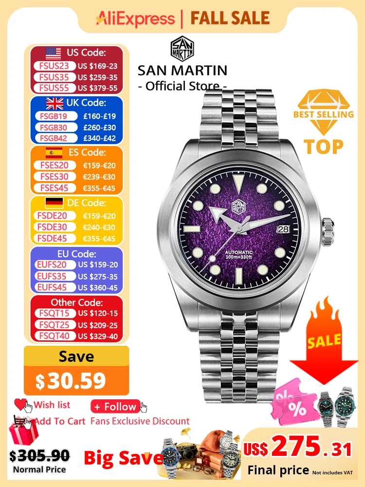 San Martin New 39mm Sport Watch Enamel Dial NH35 Automatic Mechanical Men Dress Watch Sapphire Waterproof 100m Luminous SN0053