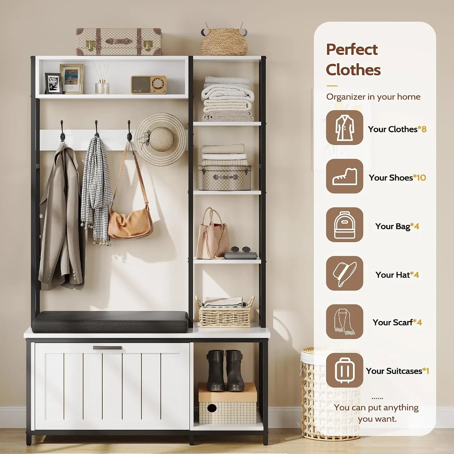 Hall Tree Coat Rack, Hall Tree With Bench and Shoe Storage Shoe With, Mud Room Storage Furniture，39.37 X 15.74 X 69.69 Inches, Rustic White