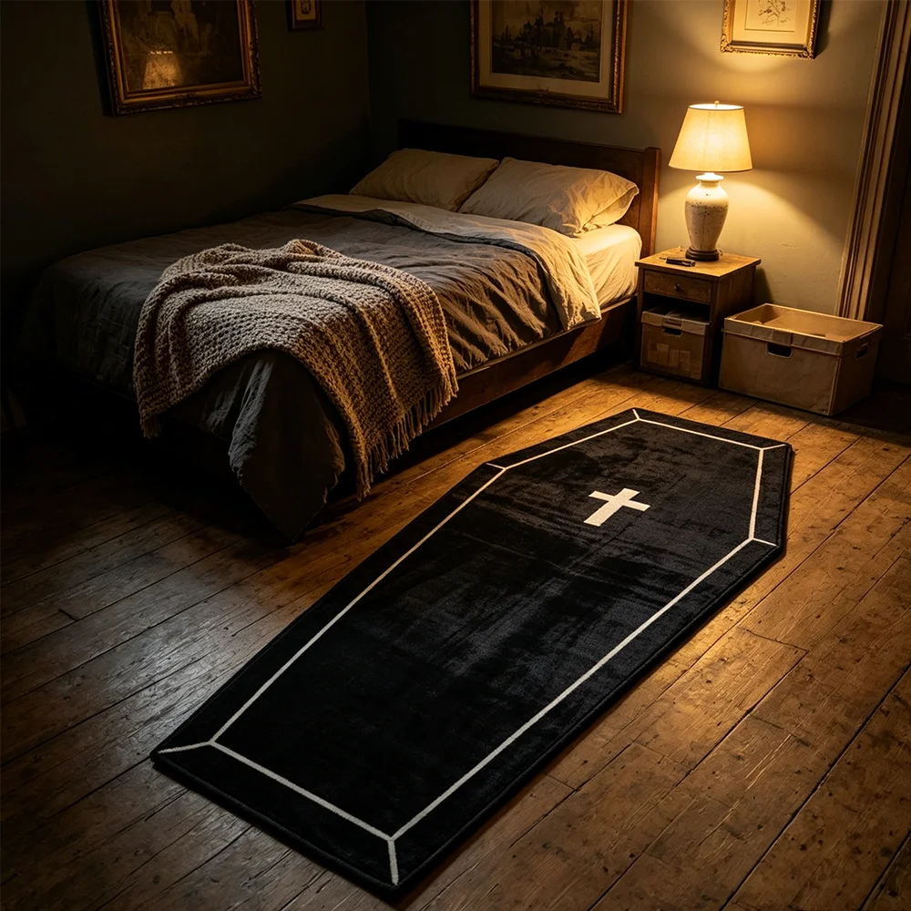 Gothic Style Carpet, Available in 3 Sizes, Halloween Decorative Carpet, Coffin and Cross Carpet Suitable for Hallways, Black Kitchen, Bedroom, Study, Non-Slip Washable Carpet, Halloween Kitchen Mat for Indoor and Outdoor Use