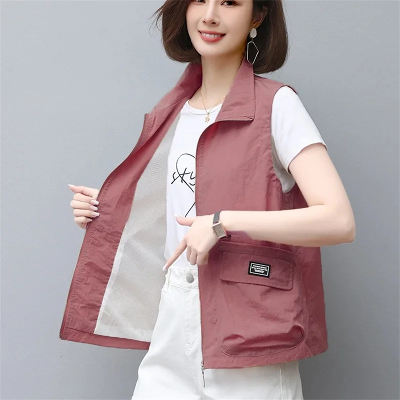 

Новая летняя женская солнцезащитная одежда, свободный тонкий жилет, пальто без рукавов с карманами и лацканами, повседневные женские короткие куртки, жилет, топы