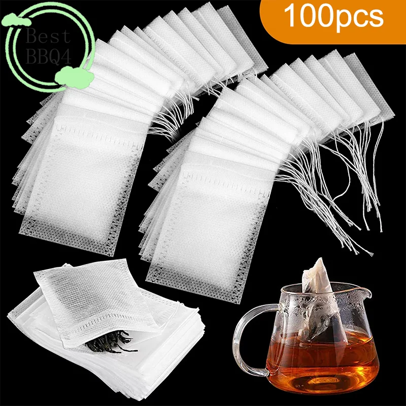 (BBQ4)100PC Non-woven Tea Bag Disposable Teabag With Drawstring Sealing Coffee Spice Tea Filter Paper Infuser Kitch Teaware
