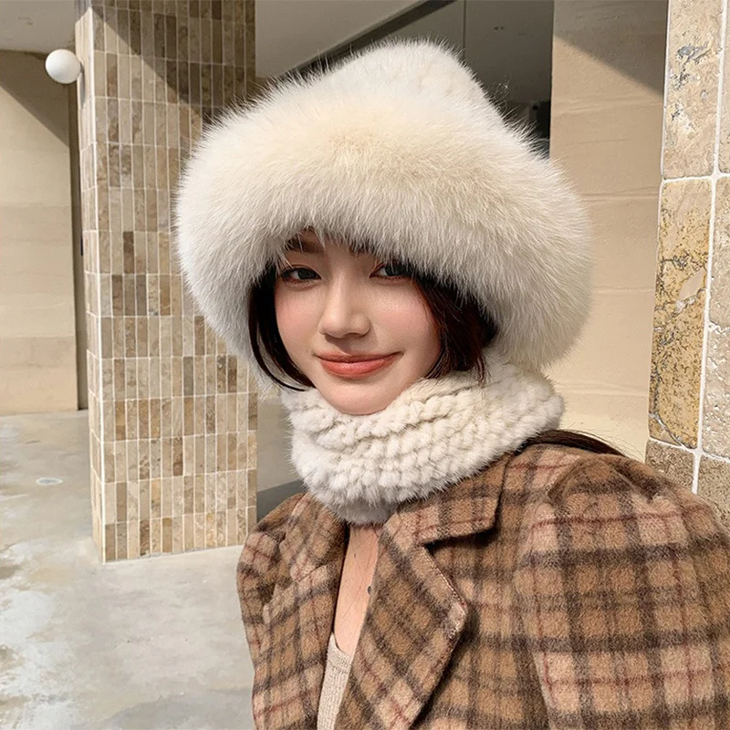 New Women's Korean Scarf Hat Natural Mink Hair Fashion Warm Hat Winter Thickened Outdoor Windproof Casual Elastic Hat 2023