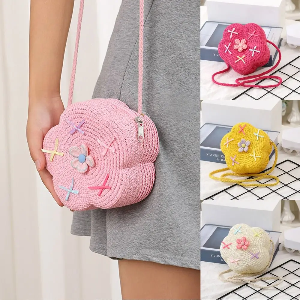 

Cute Straw Shoulder Bags Flower with Bow Mini Coin Purse Handmade Princess Handbags Kids Girls