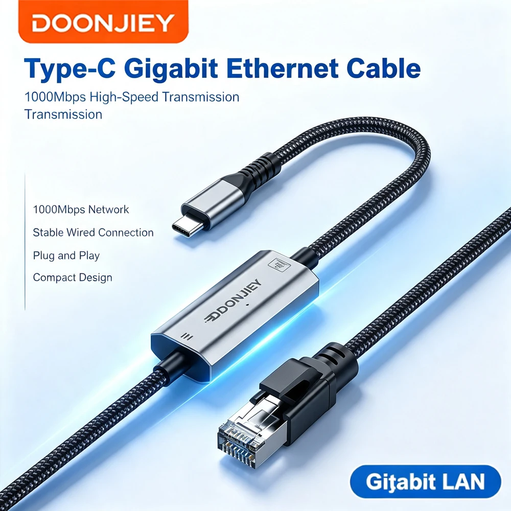 DOONJIEY Angle USB C to Ethernet Cable 1000Mbps Type C to RJ45 Gigabit LAN Network Adapter Cable for MacBook Pro/Air iPhone 15