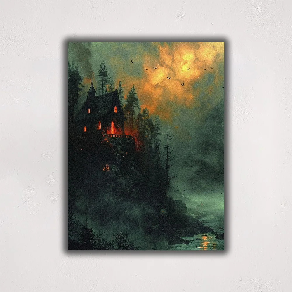 1pc,Horror houses in the mountains are erected on the cliffs , Modern Canvas Wall Art, , Holiday Gift, Frameless, 12x16inch