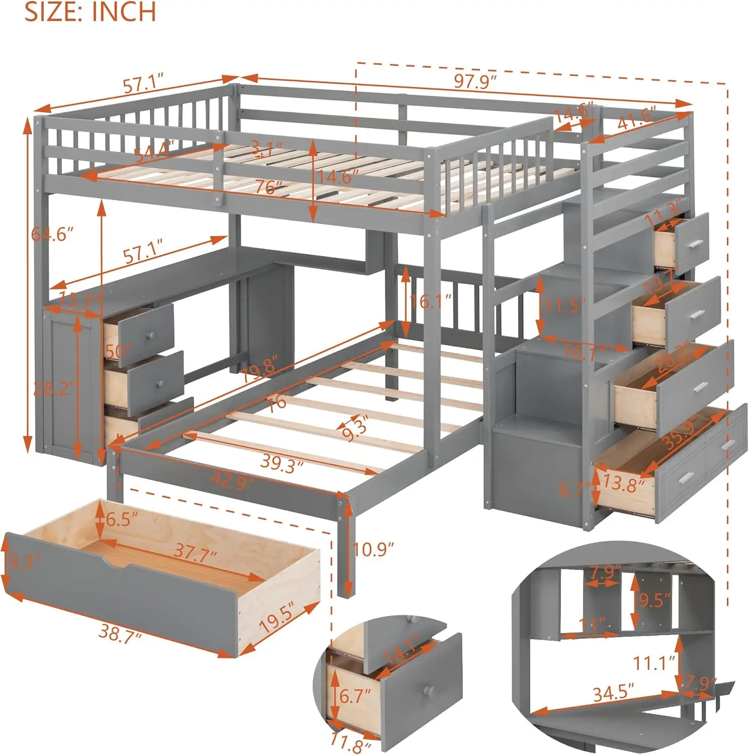 Modern Full Over Twin Bunk Bed with Built-in Desk and Shelves, L-Shape Solid Wood Bunk Bed Frame with Storage Staircase