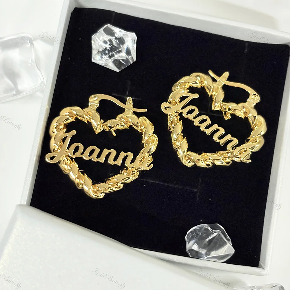 

﻿ Personalized Name Heart Hoop Earrings 30mm Custom Twisted Heart Stainless Steel Jewelry Womens Gift Valentines Day Earrings
