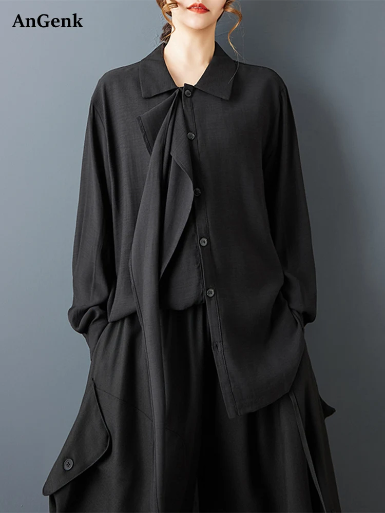 2026 ربيع الخريف جديد أسود خمر المرقعة الشريط المتضخم قميص المرأة طويلة الأكمام فضفاضة بلوزة غير رسمية قمة ملابس عصرية