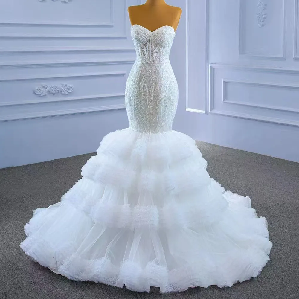 Customized Sweetheart Bridal Wedding Dress Lace-Up Back Embroidery Tiered Boda Vestido De Novia
